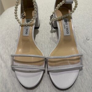 Jimmy Choo White Pearl-Accent Block Heel Sandals